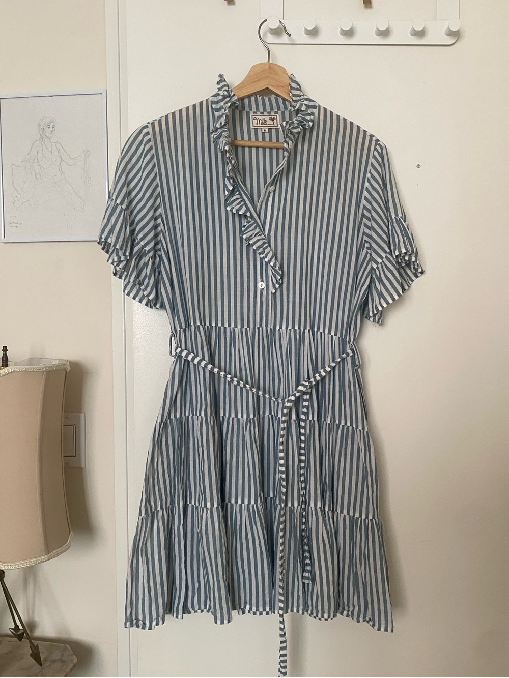 Mille Striped Ruffle Tiered Short-Sleeve Dress - Blue/White